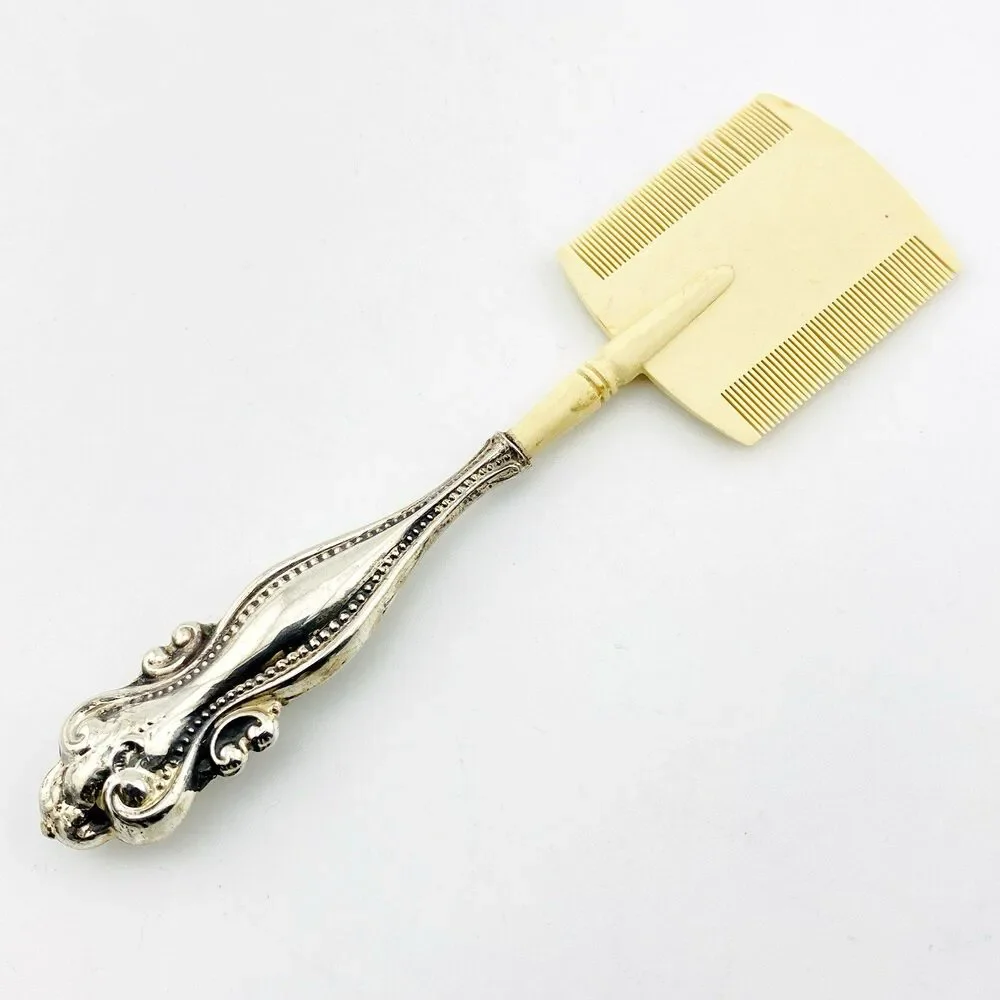 Antique Beard or Moustache Comb with Sterling Silver Repousse Handle